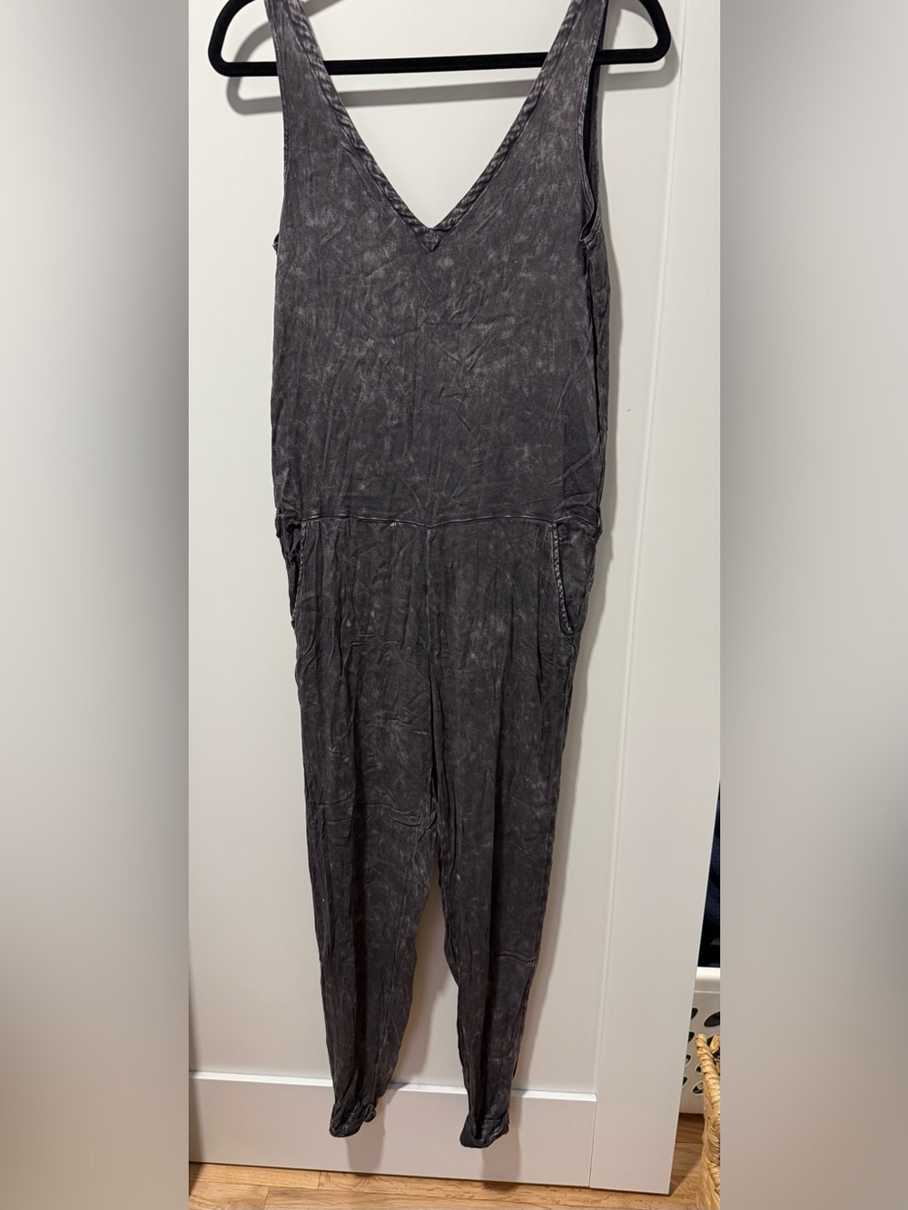 Chaser Washed Acid Washed Charcoal Gray V-Neck Jumpsuit
